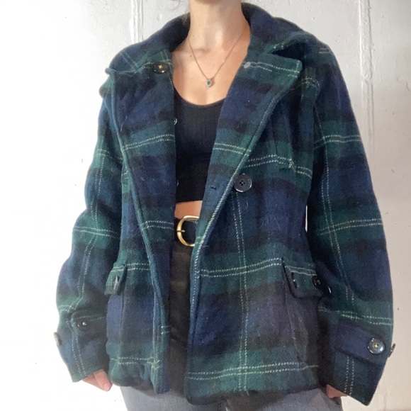 American Eagle Outfitters Jackets & Blazers - American Eagle Navy + Green Tartan Plaid Brushed Wool Short Pea Coat